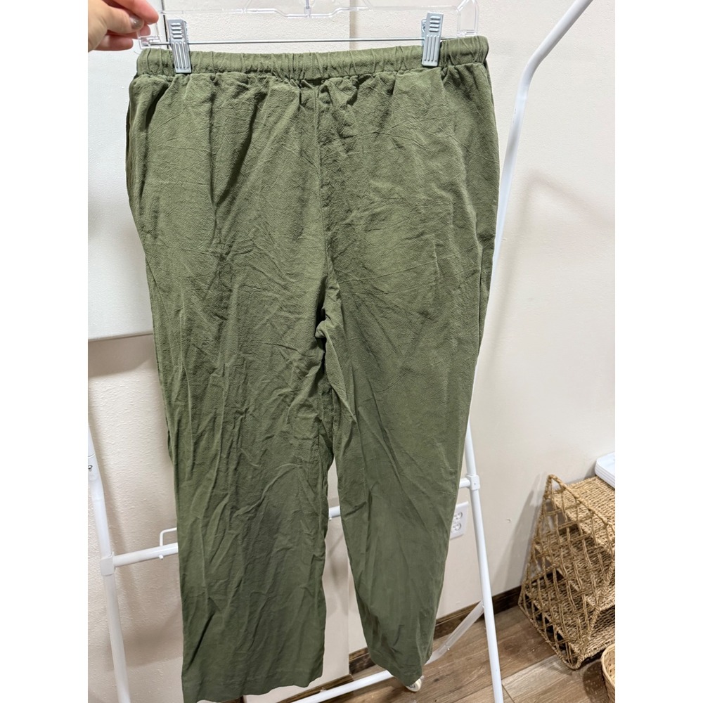 Womens Minimalist Coastal Casual Boho Olive Green Textured Pants Size Medium - Picture 3 of 3